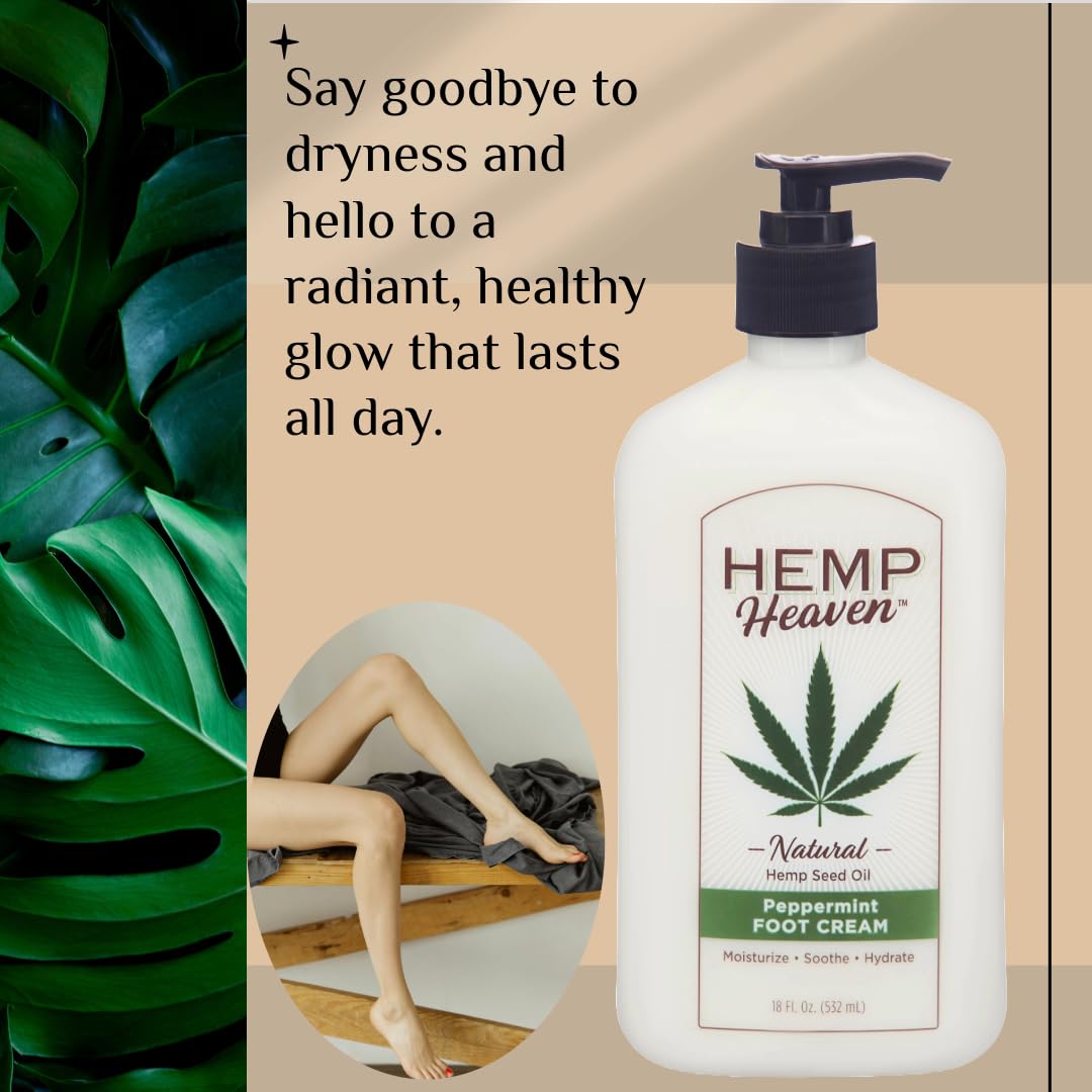 Hemp Heaven Hemp Foot Cream - Lotion Peppermint Scent - Natural Hemp Seed Oil, Paraben-Free, 18 oz, Made in USA, Nourishing for Men & Women, EWG Verified, Anti-Aging